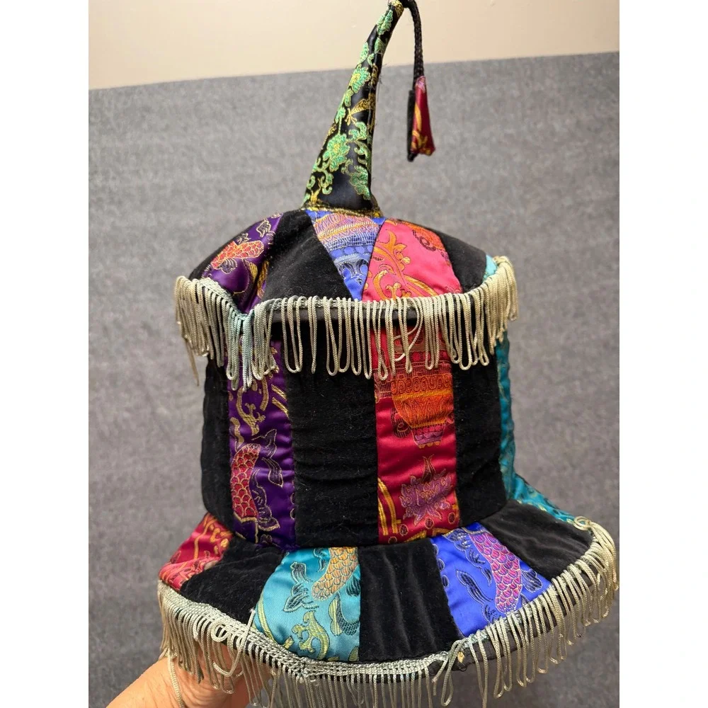 Colorful Renaissance Velvet Patchwork Jester Hat with Gold Fringe and Tassel